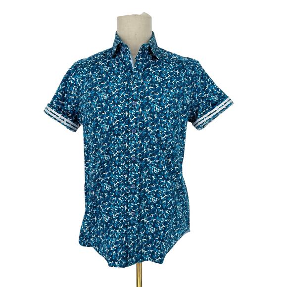 Robert Graham Button Front Short Sleeve Shirt MICHAELS Multi Blue Geometric M - Picture 1 of 8